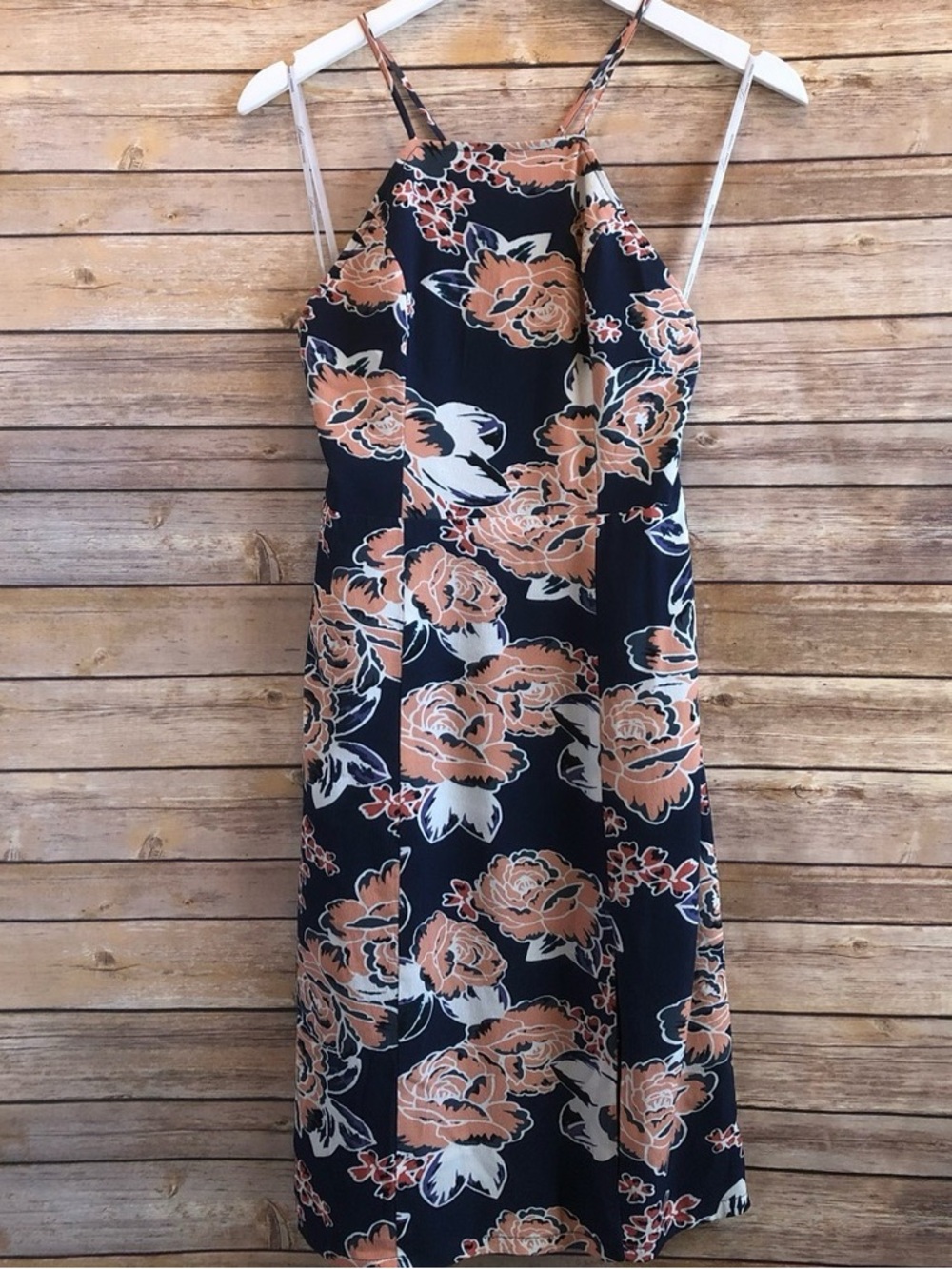 Navy Floral Halter Midi Dress - Peach & White Floral
